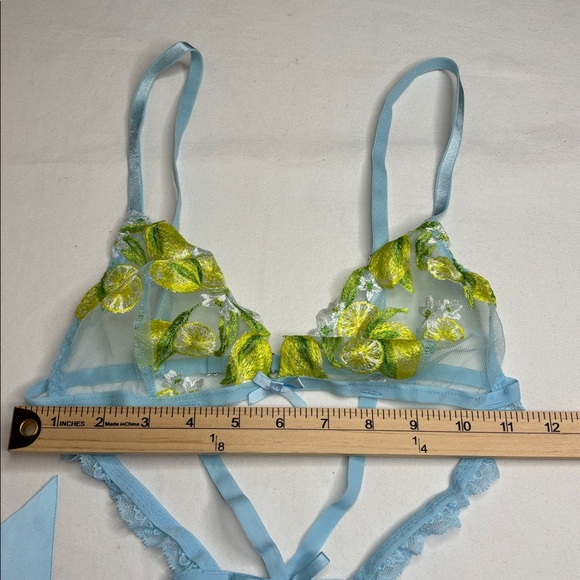 Victoria Secret Lingerie Teddy OnePiece Bodysuit Blue Yellow Floral Lemons Sheer - Picture 12 of 16
